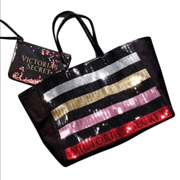 New Victoria’s Secret large Striped Sequin Weekender tote bag with Pouch Black - Picture 1 of 7